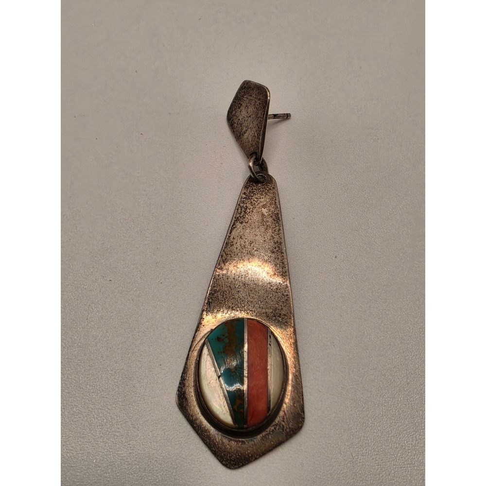 Vintage Sterling Silver Southwest Inlay Single Drop Earring Turquoise Pearl